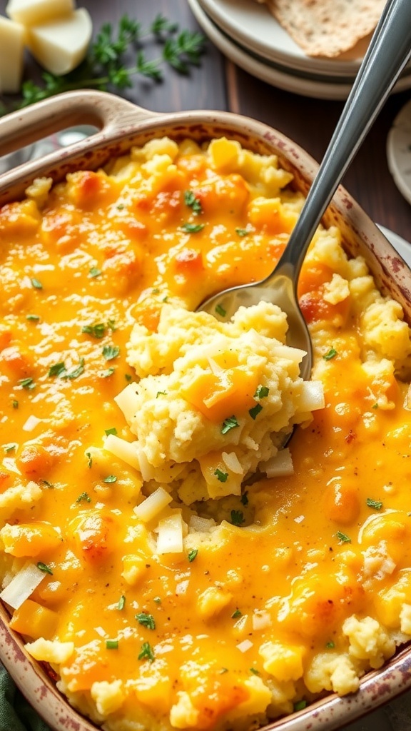 A golden brown creamy mashed hashbrown casserole in a baking dish, garnished with herbs.